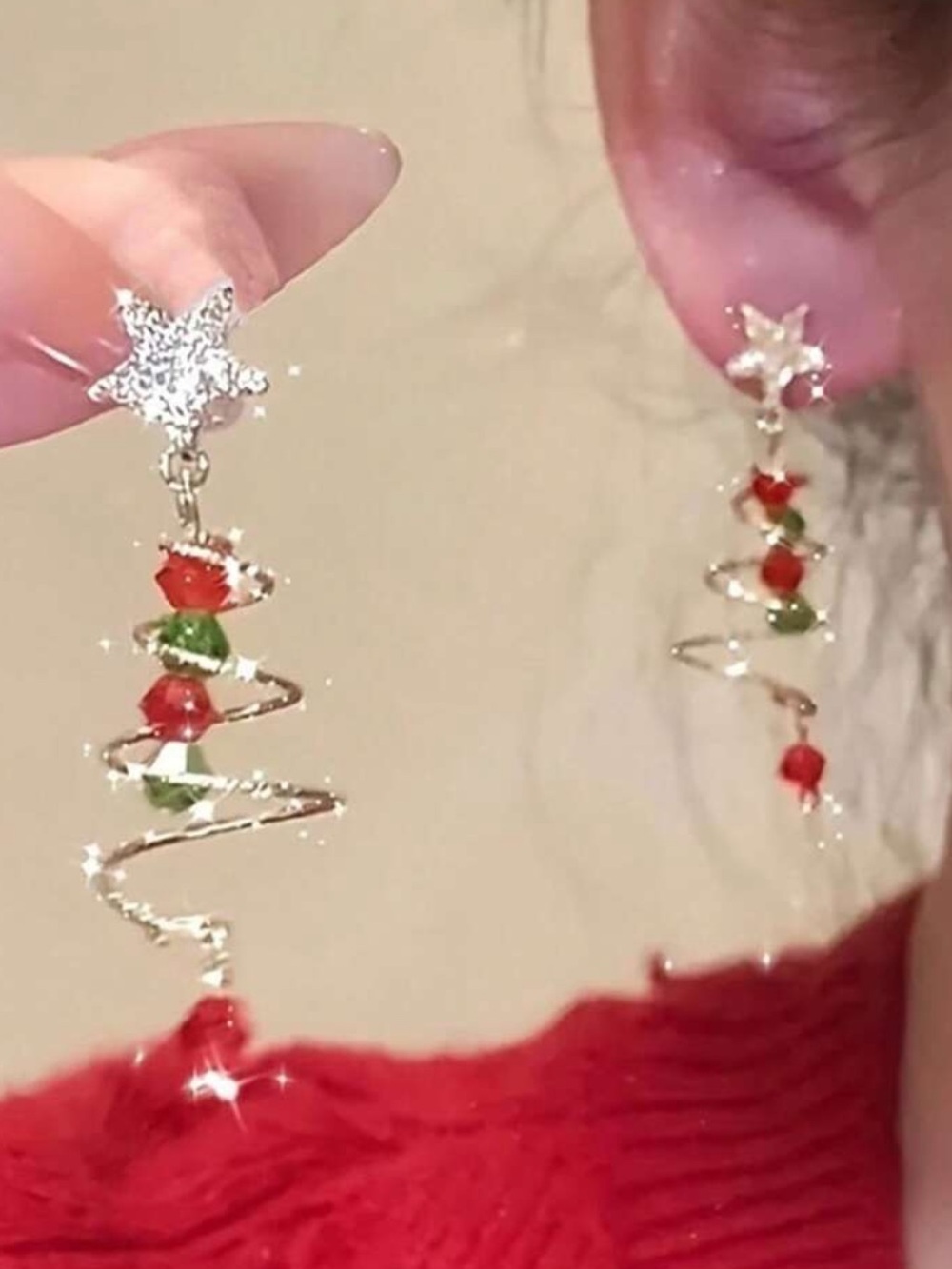 Festive Spiral Christmas Tree Dangle Earrings - Red & Green